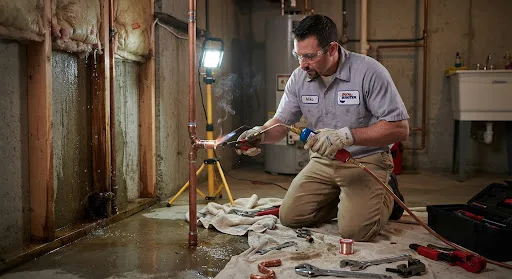Plombier en intervention d'urgence sur un tuyau perce a Mouscron